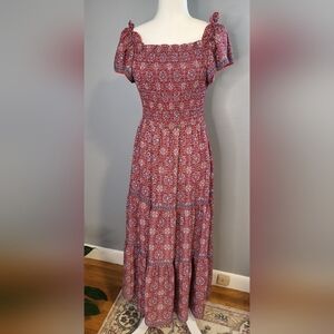 Max Studio Smocked On or Off Shoulder Red Print Tiered Boho Maxi Dress Size S